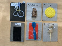 A series of 6 tactile symbols attached to cards. Each card has a word in print and an object, i.e. "nutrition" and a piece of tubing