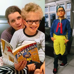 Scott and mom reading Captain Awesome and Scott dressed like Captain Awesome